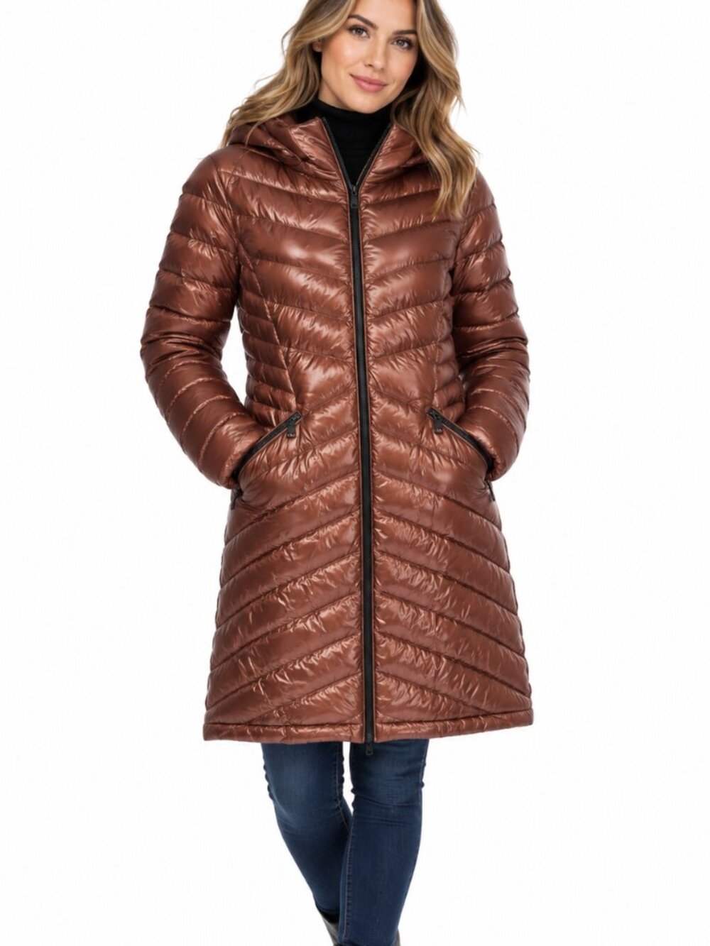 Andrew Marc Metallic Bronze Packable Down Puffer Coat Hooded M